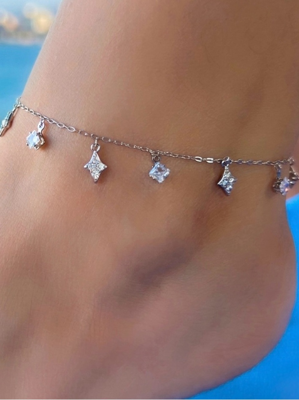 Silver Anklet with Diamond Charms Real Crystal Platinum Plated